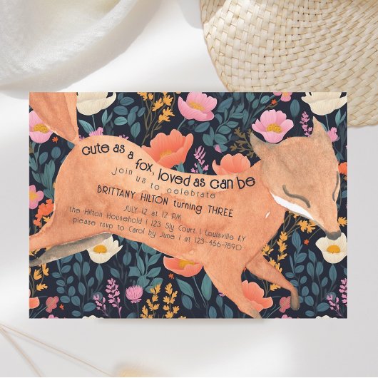 かわいいウッドランドキツネ水彩フローラ3rd誕生日 招待状