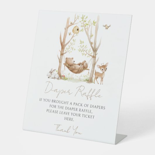 かわいいウッドランドテーマ男の赤ちゃんシャワーおむつラッフル 台座サイン (正面)