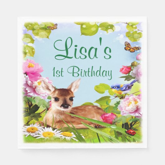 かわいいウッドランドディアファースト誕生日パーティー スタンダードランチョンナプキン (正面)