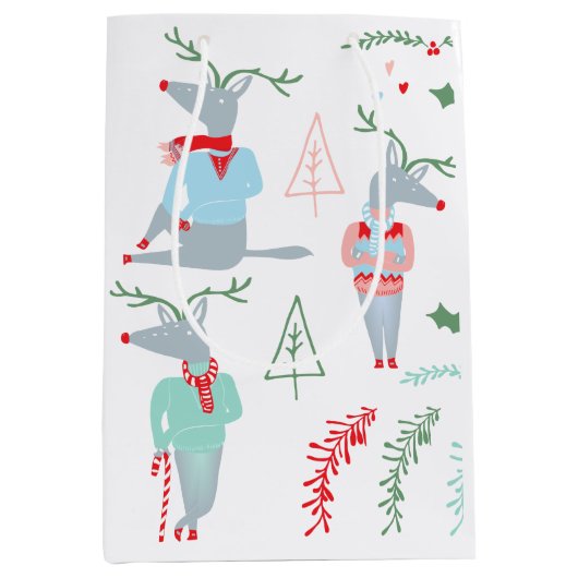 かわいいウッドランドトナカイ動物のクリスマス ミディアムペーパーバッグ (正面)