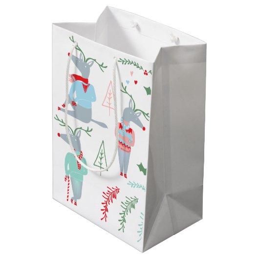 かわいいウッドランドトナカイ動物のクリスマス ミディアムペーパーバッグ (裏面アングル)