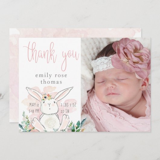 かわいいウッドランドバニーピンクベビーありがとう サンキューカード (正面/裏面)