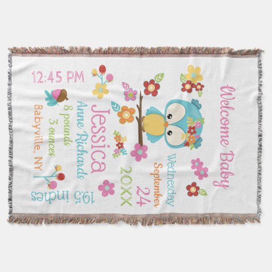 かわいいウッドランドフクロウ赤ちゃん女の子誕生レコードの統計 スローブランケット (正面)