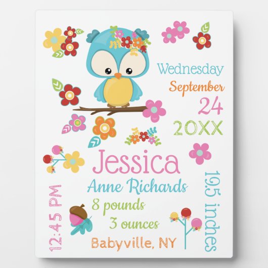 かわいいウッドランドフクロウ赤ちゃん女の子誕生レコードの統計 フォトプラーク (正面)