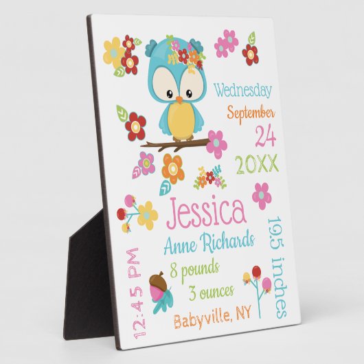 かわいいウッドランドフクロウ赤ちゃん女の子誕生レコードの統計 フォトプラーク (側面)