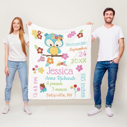 かわいいウッドランドフクロウ赤ちゃん女の子誕生レコードの統計 フリースブランケット (インサイチュ)