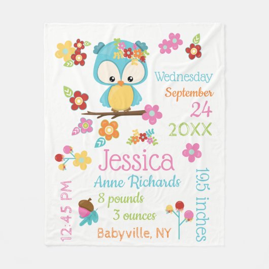 かわいいウッドランドフクロウ赤ちゃん女の子誕生レコードの統計 フリースブランケット (正面)