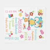 かわいいウッドランドフクロウ赤ちゃん女の子誕生レコードの統計 フリースブランケット (正面(横))