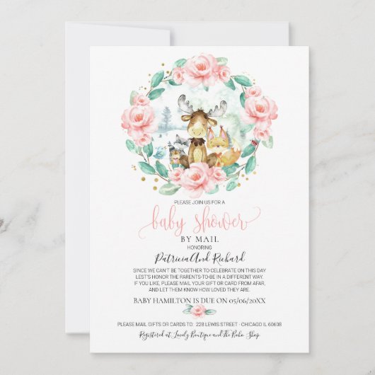 かわいいウッドランドフローラ緑の赤ちゃんシャワーbyメール 招待状 (正面)