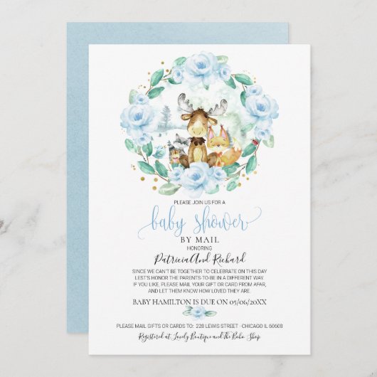 かわいいウッドランドフローラ緑の赤ちゃんシャワーbyメール 招待状 (正面/裏面)