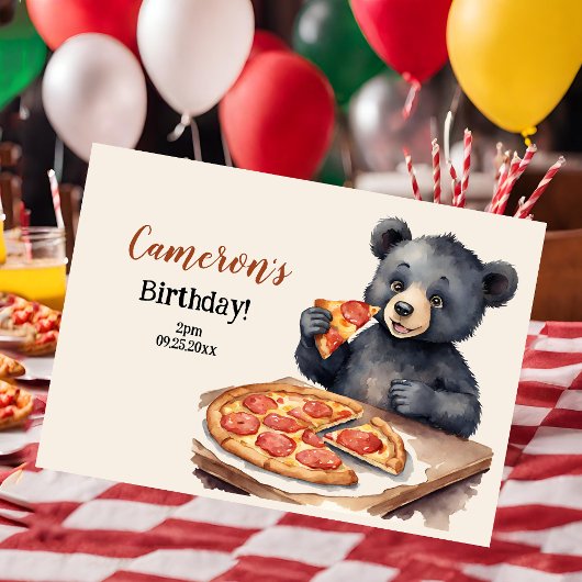 かわいいウッドランドベアーピザ誕生日パーティー 招待状
