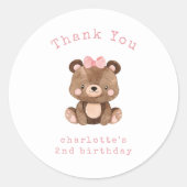 かわいいウッドランドベアーピンクガール誕生日ありがとう ラウンドシール (正面)