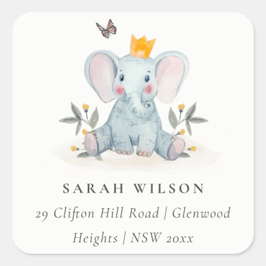 かわいいウッドランドベビーゾウの葉の住所 スクエアシール (正面)