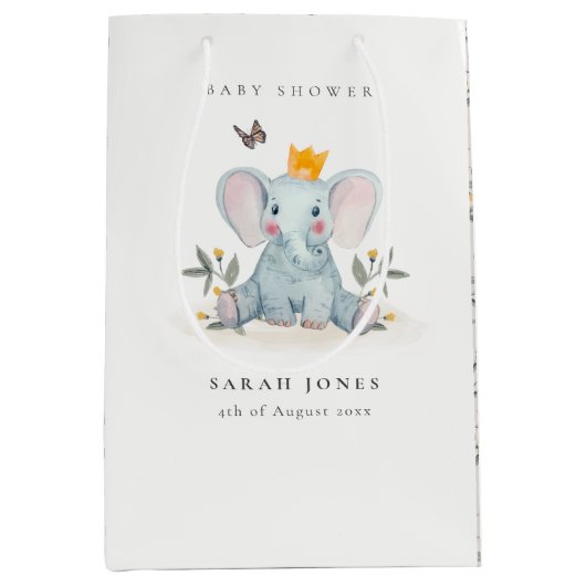 かわいいウッドランドベビーゾウ葉ベビーシャワー ミディアムペーパーバッグ (正面)
