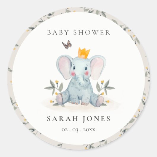 かわいいウッドランドベビーゾウ葉ベビーシャワー ラウンドシール (正面)