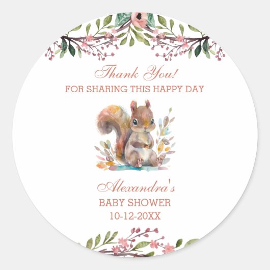 かわいいウッドランドリス赤ちゃんシャワーありがとう授業 ラウンドシール (正面)