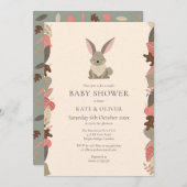 かわいいウッドランド動物うさぎカップル赤ちゃんシャワー 招待状 (正面/裏面)