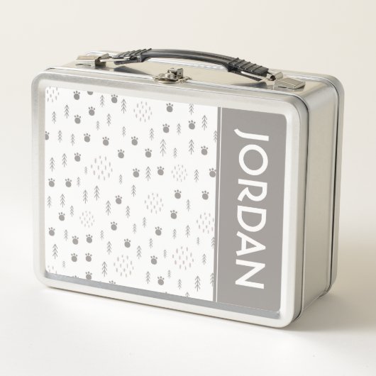 かわいいウッドランド動物のトラックパターン メタルランチボックス (正面)