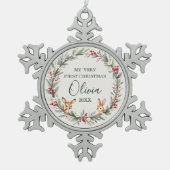 かわいいウッドランド動物のベビー初めてのクリスマス スノーフレークピューターオーナメント (正面)