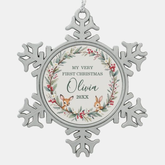 かわいいウッドランド動物のベビー初めてのクリスマス スノーフレークピューターオーナメント (正面)