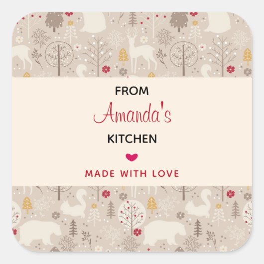 かわいいウッドランド動物の北欧パターンキッチン スクエアシール (正面)