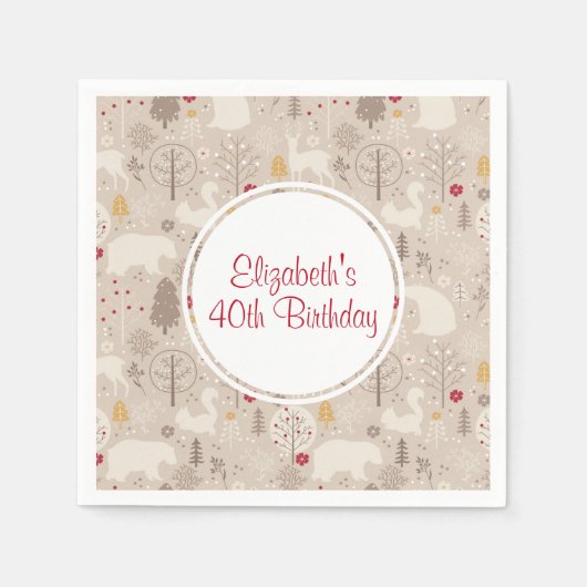 かわいいウッドランド動物の北欧パターン誕生日 スタンダードカクテルナプキン (正面)