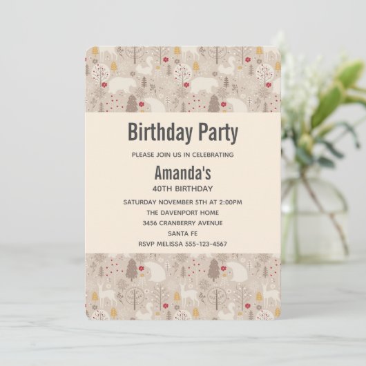かわいいウッドランド動物の北欧パターン誕生日 招待状 (スタンド正面)