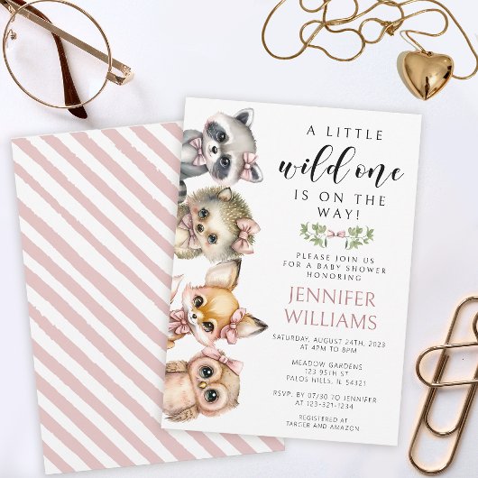 かわいいウッドランド動物の女の子ピンクの赤ちゃんシャワー 招待状