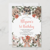かわいいウッドランド動物の女の子1歳の誕生日パーティー 招待状 (正面)