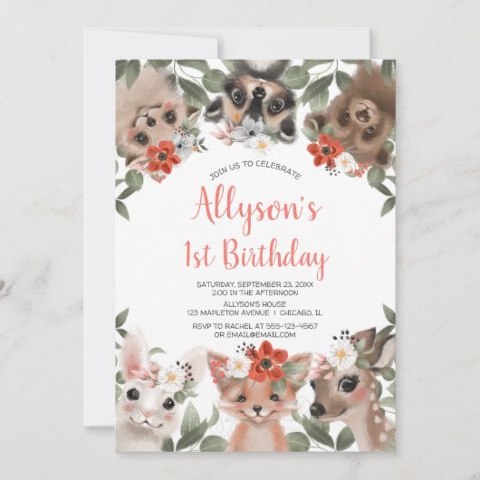 かわいいウッドランド動物の女の子1歳の誕生日パーティー 招待状 (正面)