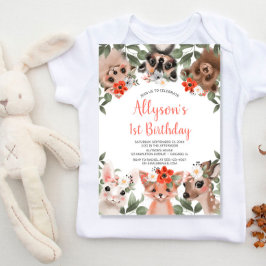 かわいいウッドランド動物の女の子1歳の誕生日パーティー 招待状