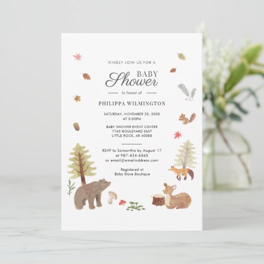 かわいいウッドランド動物の男の子の赤ちゃんシャワー 招待状 (スタンド正面)