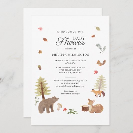 かわいいウッドランド動物の男の子の赤ちゃんシャワー 招待状 (正面/裏面)