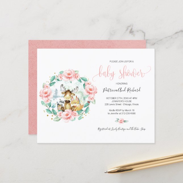 かわいいウッドランド動物の緑の予算ベビーシャワー (正面/裏面インサイチュ)