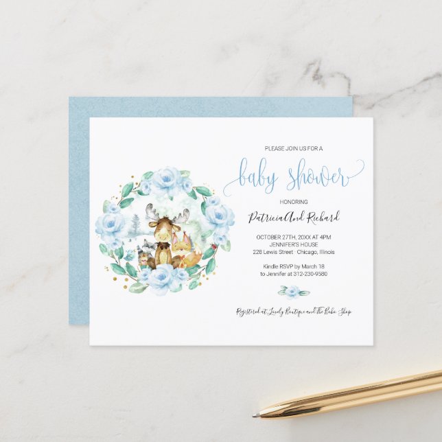 かわいいウッドランド動物の緑の予算ベビーシャワー (正面/裏面インサイチュ)