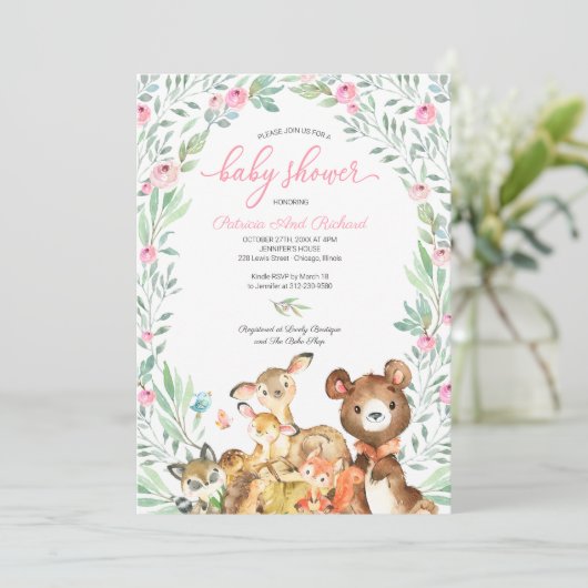 かわいいウッドランド動物の緑の赤ちゃんシャワー 招待状 (スタンド正面)