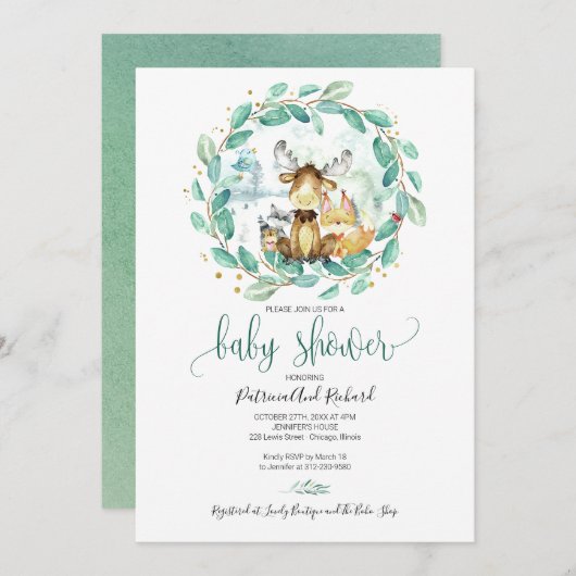 かわいいウッドランド動物の緑の赤ちゃんシャワー 招待状 (正面/裏面)