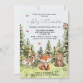 かわいいウッドランド動物の緑の赤ちゃんシャワー 招待状 (正面)