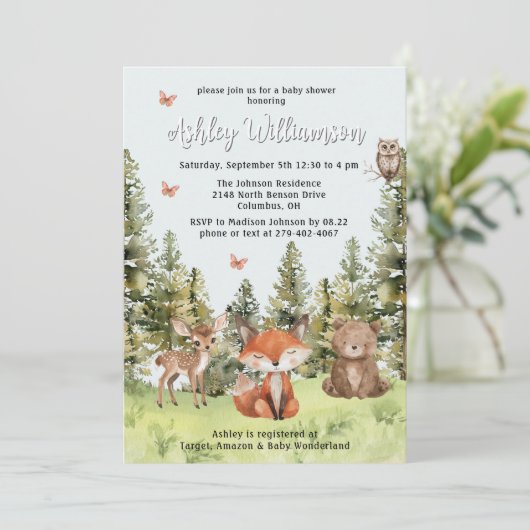 かわいいウッドランド動物の緑の赤ちゃんシャワー 招待状 (スタンド正面)
