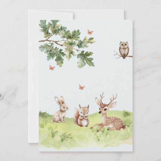 かわいいウッドランド動物の緑の赤ちゃんシャワー 招待状 (裏面)