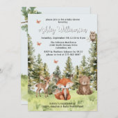 かわいいウッドランド動物の緑の赤ちゃんシャワー 招待状 (正面/裏面)