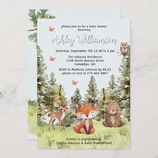 かわいいウッドランド動物の緑の赤ちゃんシャワー 招待状 (正面/裏面)