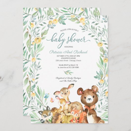 かわいいウッドランド動物の緑の赤ちゃんシャワー 招待状 (正面/裏面)