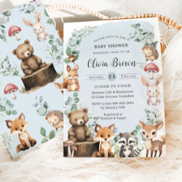 かわいいウッドランド動物の緑の青い赤ちゃんシャワー 招待状