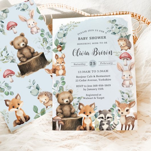 かわいいウッドランド動物の緑の青い赤ちゃんシャワー 招待状