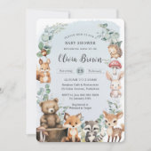 かわいいウッドランド動物の緑の青い赤ちゃんシャワー 招待状 (正面)