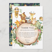 かわいいウッドランド動物の緑1歳の誕生日パーティー サンキューカード (正面/裏面)