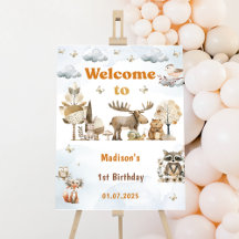 かわいいウッドランド動物の誕生日パーティー歓迎サイン