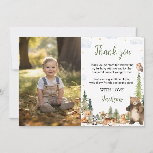 かわいいウッドランド動物の誕生日写真 サンキューカード (正面)