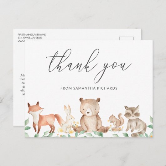 かわいいウッドランド動物の赤ちゃんシャワーありがとう ポストカード (正面/裏面)